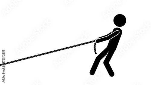 Determined stick figure pulling heavy rope with effort on isolated white background