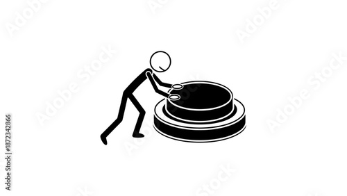 Stick figure pressing large button with finger on isolated white background