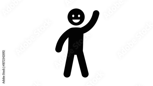 Happy stick figure with smiling face waving hand in bright studio