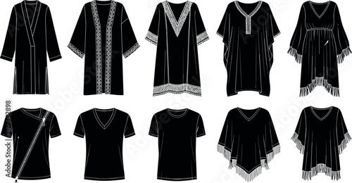 Collection of black fashion technical sketches including caftans tunics kimonos ponchos t-shirts and robes with fringe embroidery and zipper details
