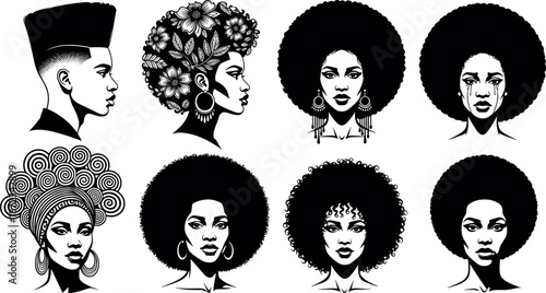 Collection of African American Women and Man Silhouette Portraits Featuring Natural Afro Hairstyles Floral Elements and Traditional Headwraps Minimalist Vector Art