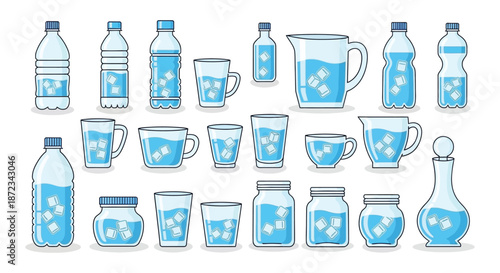 Collection of water containers bottles glasses pitchers and jars illustrated
