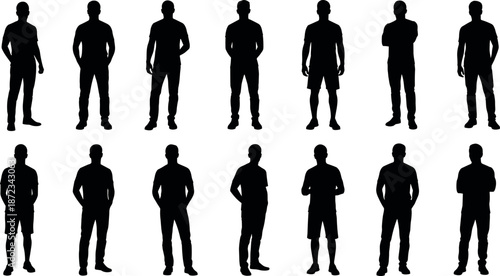 Collection of male silhouettes in various standing poses with casual clothing and different hand gestures isolated on white background vector