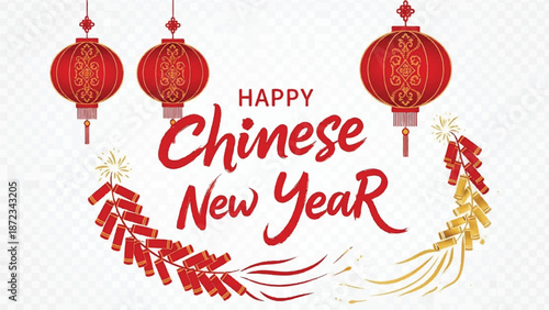 Happy chinese new year greeting with red lanterns and firecracker decorations