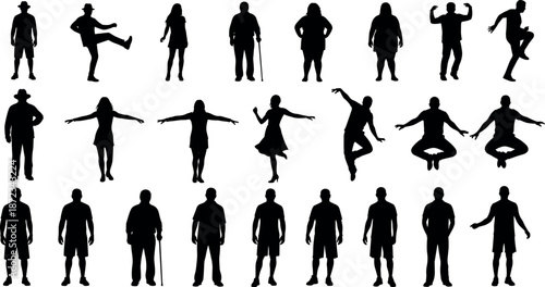 Diverse collection of human silhouettes featuring men and women in various poses including walking standing jumping dancing and using walking sticks