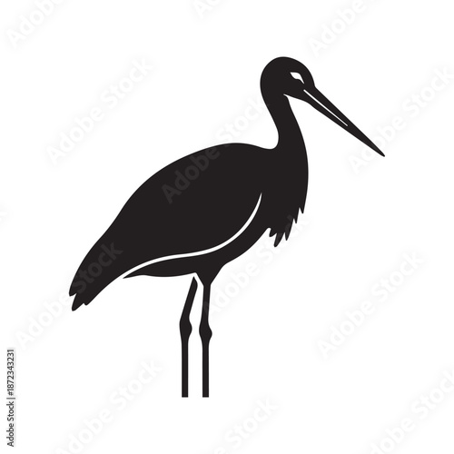 Striking black silhouette of a graceful wading bird, an iconic representation of an ibis or stork, ideal for serene nature and wildlife designs