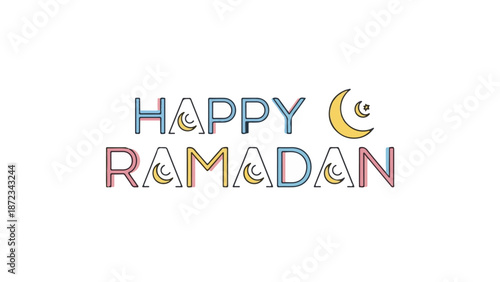 Happy ramadan greeting with moon and star symbols in pastel colors