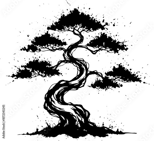Grunge Black Ink Drawing of Twisted Bonsai Tree Illustration