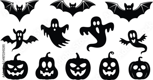 Halloween silhouettes of bats, ghosts, and jack-o'-lanterns with spooky expressions for festive decorations, crafts, and seasonal design projects