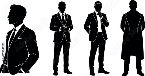 Elegant Minimalist Silhouette Set of Professional Men in Suits and Overcoats Representing Corporate Leadership Business Success and Modern Formal Fashion