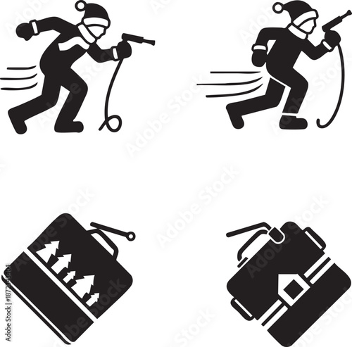 Two divers in motion with scuba gear and bags illustrated in a dynamic black and white graphic