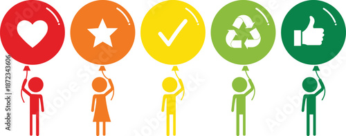 Colorful balloons representing love, quality, sustainability, and positive feedback