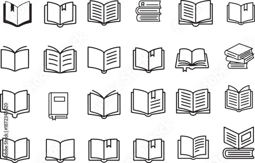 book outline icon set,open book,stack book,folding book,reading book set,book vector set,book icon set