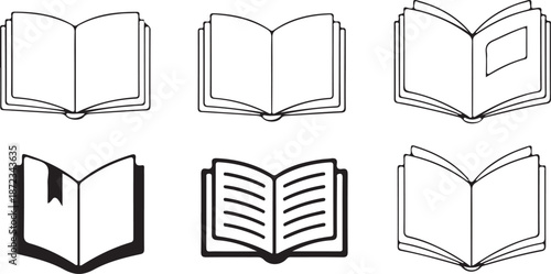 book outline icon set,open book,stack book,folding book,reading book set,book vector set,book icon set