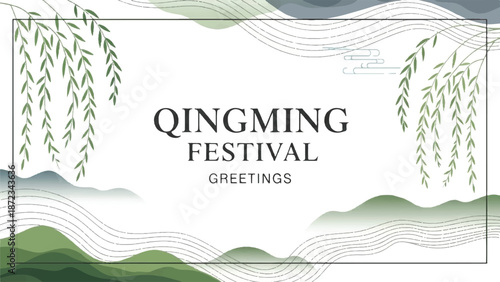 Qingming festival greetings card design with weeping willow branches illustration