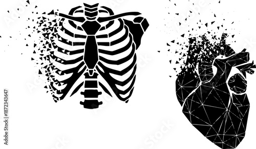 Dissolving Rib Cage and Heart Abstract Black and White Graphic