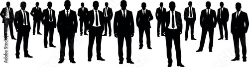 Large Group of Professional Businessmen Silhouettes Standing in Suits for Corporate Leadership Teamwork Recruitment Networking and Global Business Success Concept.