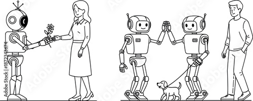 Line art illustration of friendly robots interacting with humans by giving flowers and walking a dog in a futuristic society.