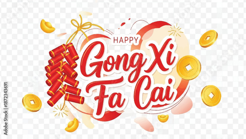 Happy gong xi fa cai vector illustration with firecrackers gold ingots and traditional red design elements wishes