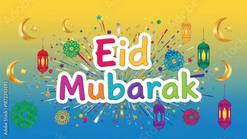 Eid mubarak greeting card vector design with colorful confetti explosion lanterns and crescent moons background