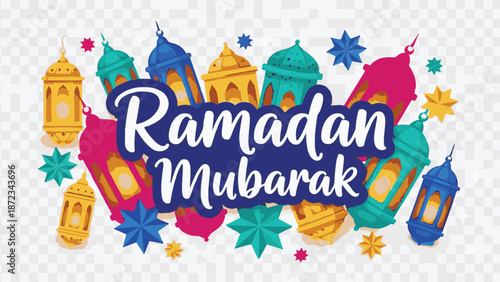 Ramadan mubarak vector illustration surrounded by colorful arabic lanterns and star shaped decorations background