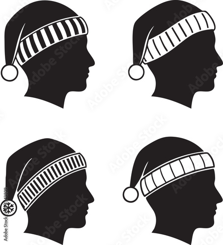 Four silhouetted heads wearing winter hats with decorative elements illustrated in a graphic style