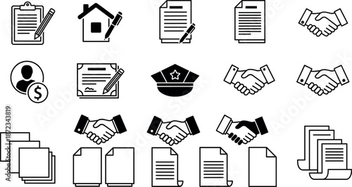 Professional business contract icons set featuring legal documents, handshake agreements, real estate property deeds, notary stamps, and financial service symbols.