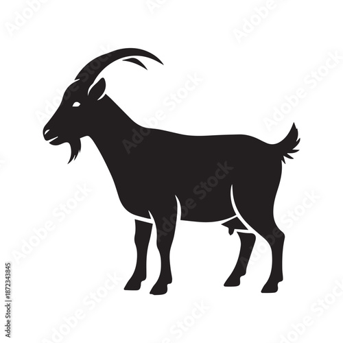 A black silhouette of a standing goat with prominent horns and a beard, captured in a profile view, showcasing its distinct animalistic features