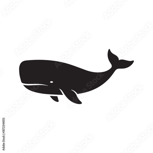 A simple black and white silhouette illustration of a majestic whale swimming gracefully in the ocean depths