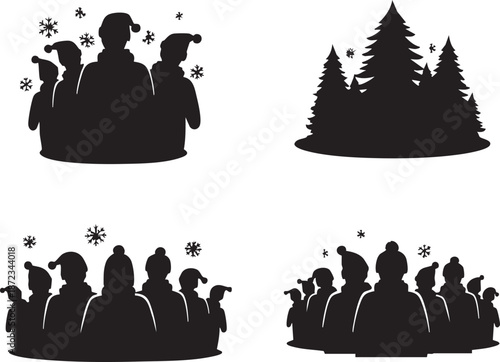 People Celebrating Winter Scene with Snowflakes and Trees Illustration
