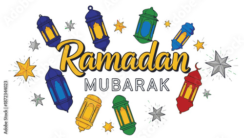 Ramadan mubarak festive greeting card with colorful lanterns and stars on white background