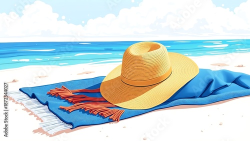 Blue Towel and Hat on Summer Beach