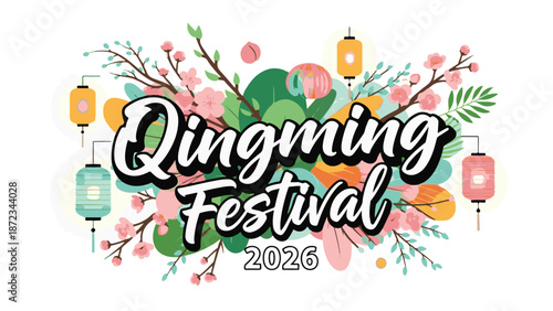 Qingming festival 2026 with blooming cherry blossoms and lanterns