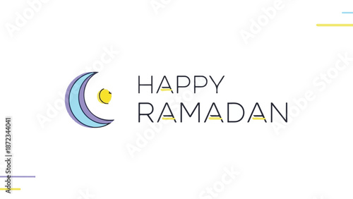 Happy ramadan minimalist design with purple crescent moon and star on white background