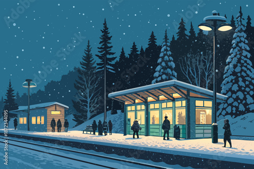 Snowy Train Station Night Retail