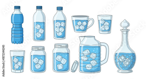 Collection of water containers bottles glasses pitchers and jars illustrated