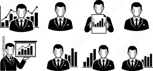 Professional Businessman Character Set Presenting Data Analysis Charts Financial Growth Reports and Corporate Marketing Statistics for Business Infographics and Presentations