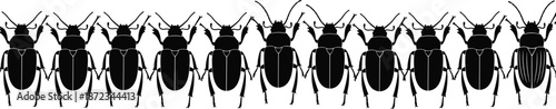 Beetle silhouette pattern illustration, repeated insect shapes in row, entomology and nature concept, decorative wildlife background, black and white vector design