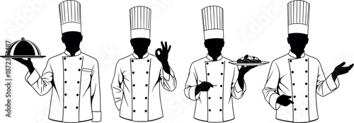 Set of four professional chef silhouettes in white uniform and toque hat presenting gourmet dishes and showing ok hand sign.
