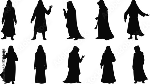 Hooded robe silhouettes set featuring mysterious cloaked figures in standing poses isolated on white background for fantasy, medieval, religious, and character design concepts