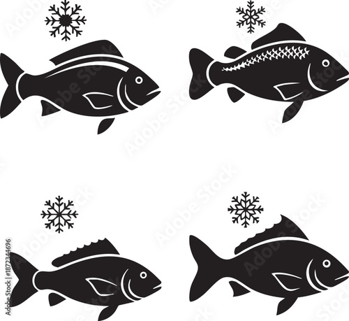 Four black fish silhouettes with snowflakes above them against a white background