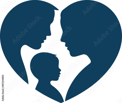 Heart-Shaped Family Silhouette Showing Loving Parents and Child, Symbol of Care, Protection, Parenting, Unity, and Emotional Family Bond