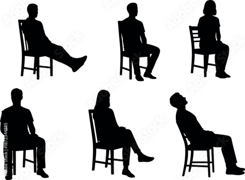 Set of silhouettes of people sitting on chairs in various poses and positions isolated on white background for vector design