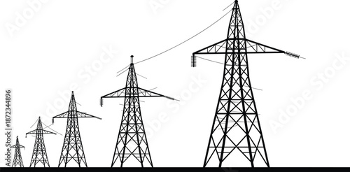 High voltage power transmission towers silhouette landscape with electricity pylons and overhead lines, industrial energy infrastructure vector illustration isolated on white background