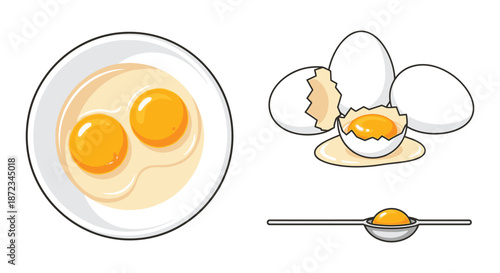 Fried and broken eggs with yolk displayed on a plate and using utensils