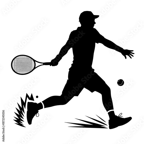 dynamic black silhouette of a person hitting a tennis ball in action on a gray background