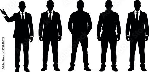 Silhouette of Professional Business Men in Suits and Casual Wear Standing in a Row for Leadership Success and Teamwork Concept