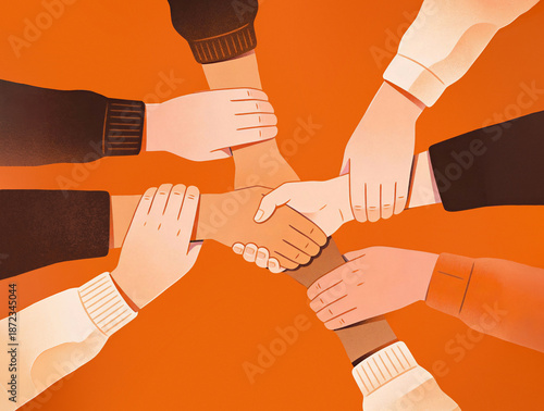 Illustration of diverse hands holding each other in a circle, symbolizing human connection, emotional bonding, trust, support, unity, empathy, deep relationships, and meaningful connections