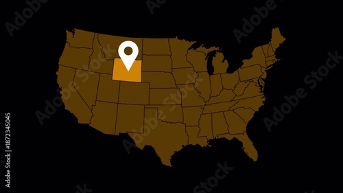 High quality 4K animation of the Wyoming state map with a location pin marker. Clean motion graphic suitable for navigation, travel, business location, presentations