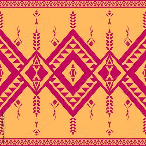 Native ethnic fabric pattern in deep red diamond shapes on an orange background.